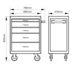 Bahco 1472K5BLACK E72 5 Drawer 26" Mobile Roller Cabinet Black -Quality Tool Store 1472K5 Dims