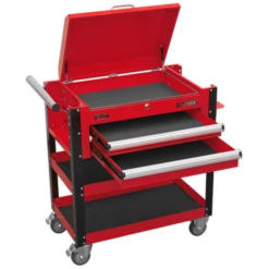 Sealey AP760M Heavy-Duty Mobile Tool &amp; Parts Trolley 2 Drawers &amp; Lockable Top - Red -Quality Tool Store AP760M DRAWERS OPEN PIC3 DFC33272